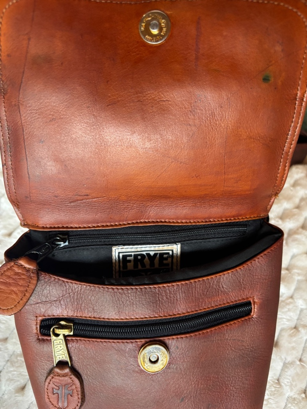 Frye Brown Leather Tooled Crossbody Satchel Bag Organizer messenger - Picture 9 of 14